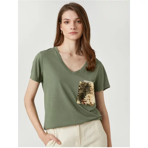 Koton Sequin Embroidered T-Shirt Short Sleeve V-Neck