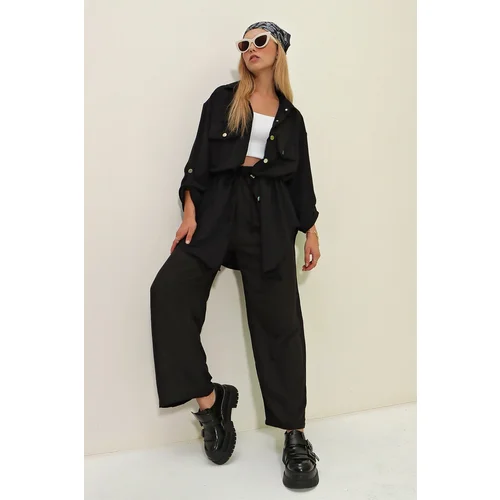 Trend Alaçatı Stili Women's Dark Black Safari Jacket with Two Pockets, Elastic Waist Wide Leg Aerobin Pants Suit