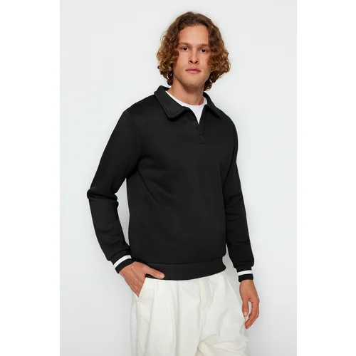 Trendyol Black Men's Oversize Buttoned Polo Collar with Striped Sleeves, Thick Pile inside, Sweatshirt.