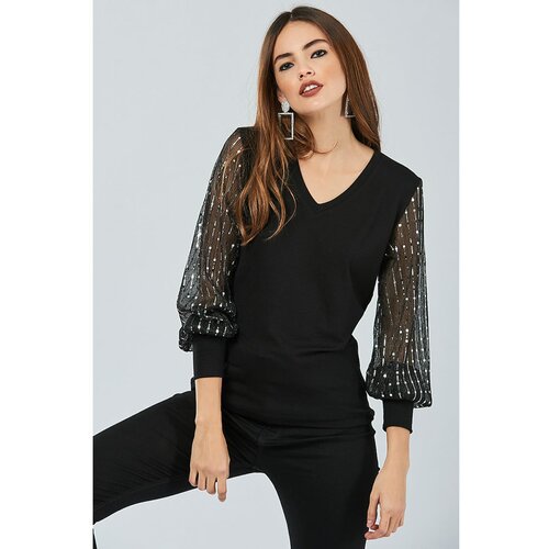 Cool & Sexy Women's Black Sleeve Sequined Blouse Cene