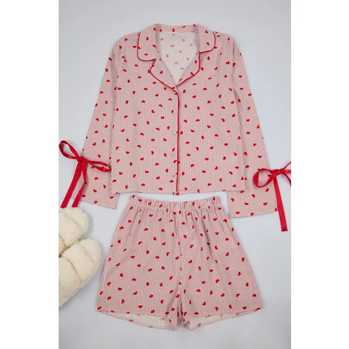 Trendyol Red Coated Patterned Tie/Bow and Piping Detailed Viscose Woven Pajama Set