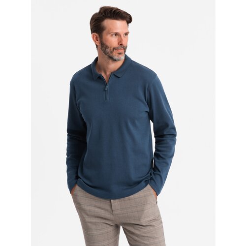 Ombre Men's polo longsleeve with zippered collar - navy blue Cijene