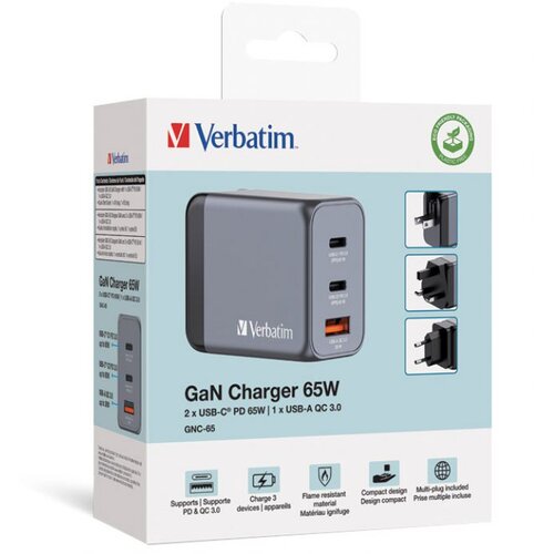  PUNJAČ ZA MOBILNE UREĐAJE ZIDNI 2XUSB-C/PD 65W/1XUSB-A QC 3.0 (EU/UK/US) VERBATIM 32201 Slike