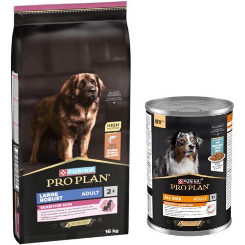  16 kg PURINA PRO PLAN + 12 x 400 g mokre hrane / 3 kg suhe hrane gratis! - Large Robust Adult Sensitive Skin losos + 12 x 400 g All Size Adult Everyday Nutrition u želeu s ribom Slike