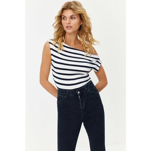 Trendyol Navy Blue Striped Boat Neck Fitted Viscose/Soft Fabric Stretchy Knitted Blouse Slike