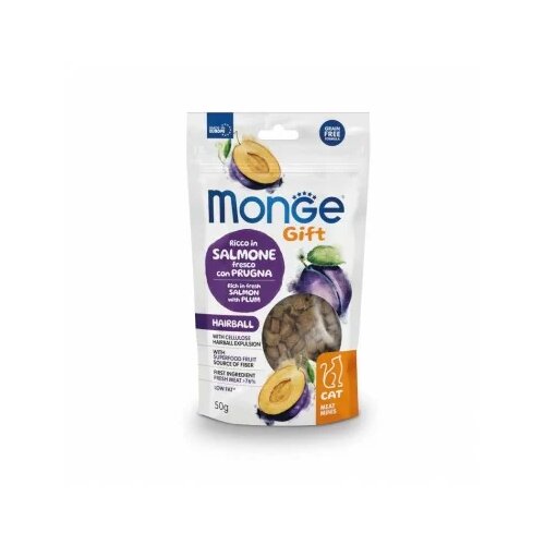 Monge Poslastice za mačke sa ukusom lososa i &scaron;ljive Meat Minis Hairball, 50g Cene