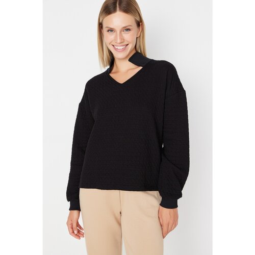 Trendyol Black Quilted and 3 Thread Mixed Loose Knitted Sweathsirt Slike
