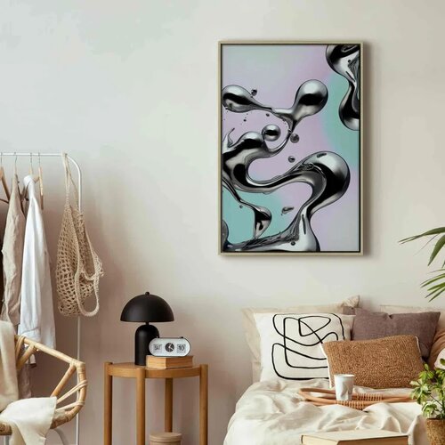  Slika - Metallic Fluidity - Abstract Silver Forms on a Mint-Purple Background 80x120 U prirodnom drvenom okviru Slike