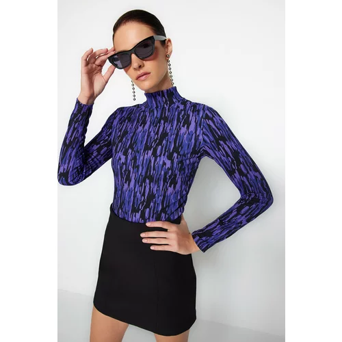 Trendyol Purple Printed Fitted/Sleeper-Collar Stand-Up Collar Long Sleeve Crepetail/Textured Knitted Blouse