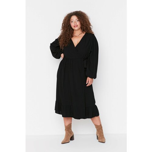 Trendyol Curve Black Plus Size Double Breasted Neck A-Line Midi Woven Dress Slike