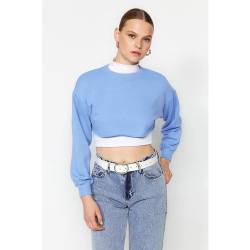 Trendyol Blue Crew Neck Relaxed Fit/Crop Thick Knitted Sweatshirt
