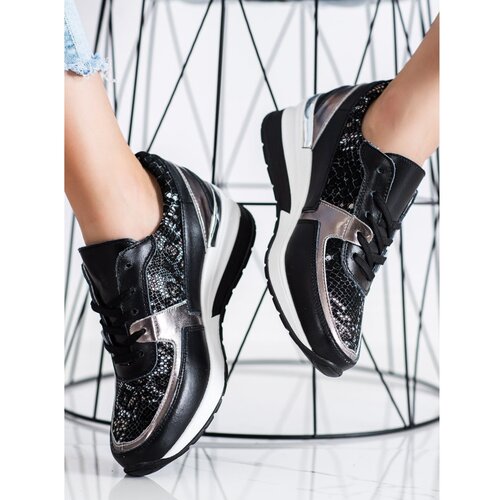 SHELOVET BLACK SNAKE PRINT LEATHER SNEAKERS Slike