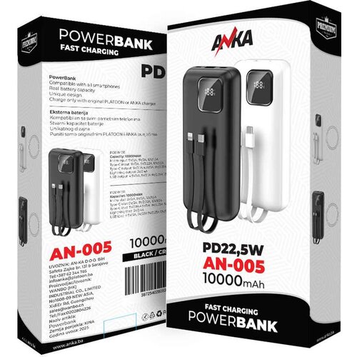 Powerbank AN-005 10000MAH PD22,5W KABAL 2U1 ANKA CRNI Slike
