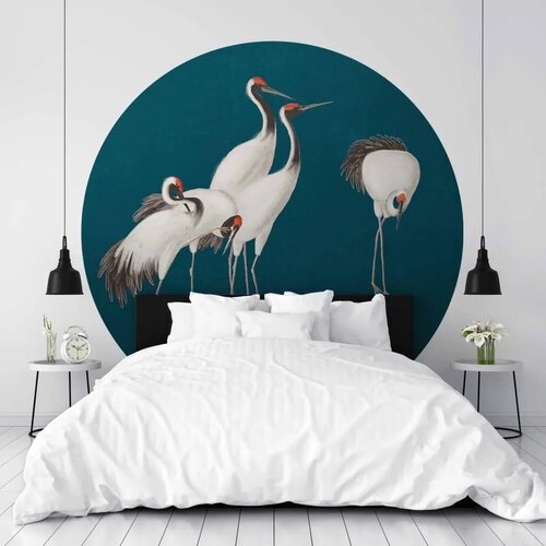  Okrugla fototapeta - Evening by the pond - a group of cranes drawn in dry pastel on a dark turquoise background 180x180 Cene