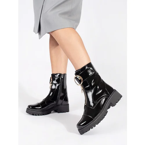 GOODIN Black patent leather boots with a decorative zipper