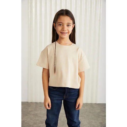 Grimelange Verena Girl's 100% Cotton Double Sleeve Ornamental Label Beige T-shir