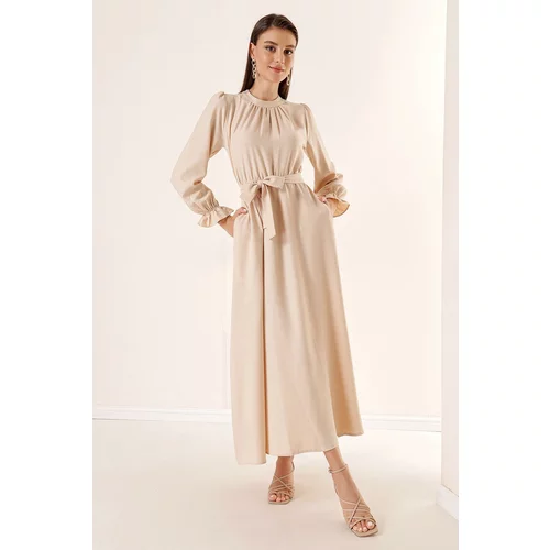 By Saygı Belted Waist Linen Effect Long Dress with Side Pockets