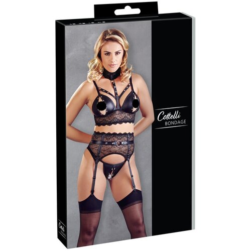 Cottelli Bondage - Komplet perila s čipko in sijajem ter okovi za roke (črn) - XL Cene