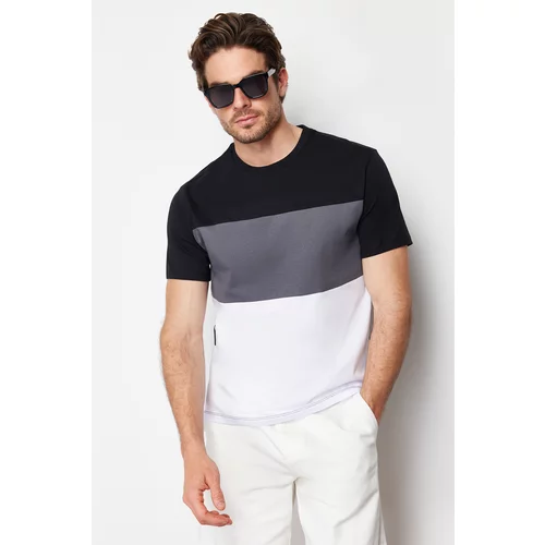 Trendyol Men's Black Regular/Normal Fit Color Block 100% Cotton T-Shirt