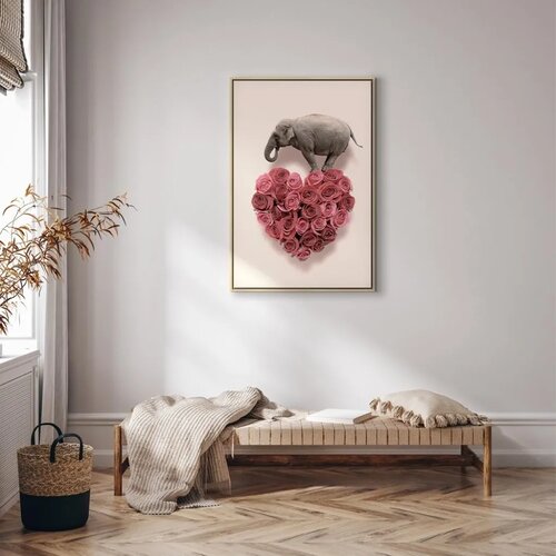  Slika - Elephant Lover (1-part) - Elephant Amid Pink Flowers 60x90 U prirodnom drvenom okviru Slike