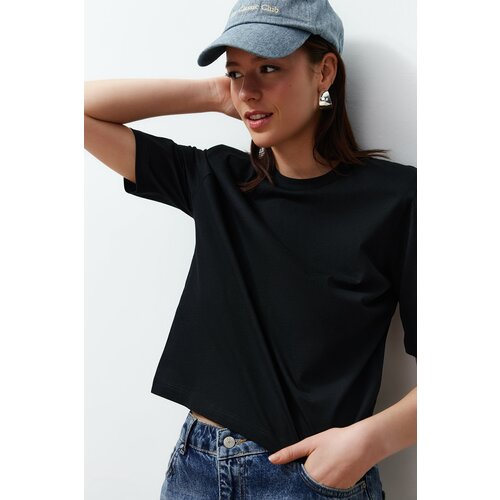 Trendyol Black 100% Single Jersey Padded Crop Knitted T-Shirt Slike