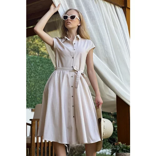Trend Alaçatı Stili Women's Beige Sleeveless Linen Woven Shirt Dress