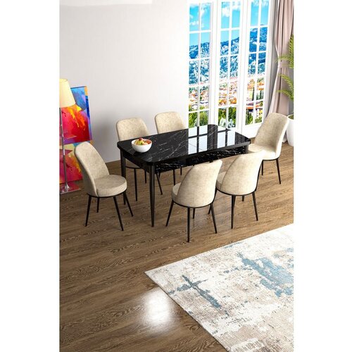 Hanah home Han - Black Marble, Cream Black MarbleCream Extendable Dining Table & Chairs Set (7 Pieces) Cene