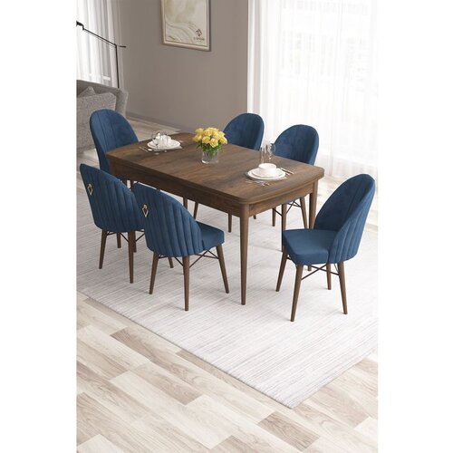 Hanah home Roz - Baroque, Navy Blue BaroqueNavy Blue Extendable Dining Table & Chairs Set (7 Pieces) Cene