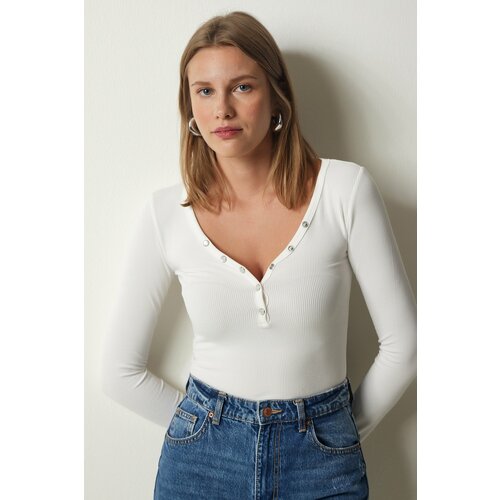 Happiness İstanbul Women's White Buttoned Collar Ribbed Crop Knitted Blouse Slike
