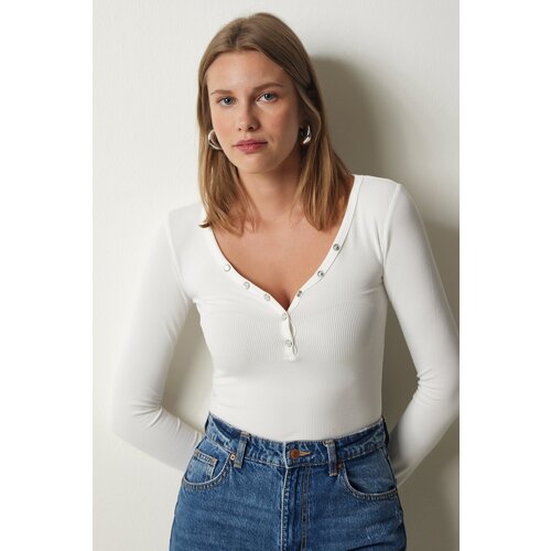  Women's White Buttoned Collar Ribbed Crop Knitted Blouse Cene