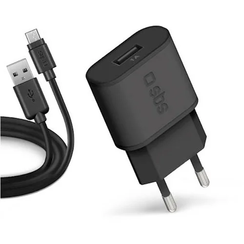 Sbs stenski polnilec + polnilni kabel usb-a na micro-usb, 5 w, črn