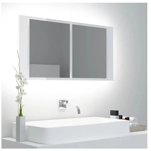 LED kopalniška omarica z ogledalom visok sijaj bela 90x12x45 cm