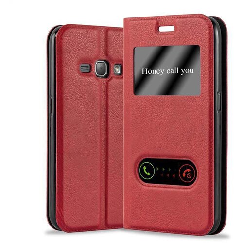 Cadorabo Samsung Galaxy J1 2015 v žafranovo rdeča - Zaščitni ovitek z magnetnim zapiranjem, stoječo funkcijo in 2 okencema za gledanje, (20551460) Cene