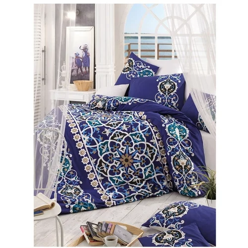 Mijolnir Temno modra podaljšana posteljnina iz bombažnega satena za zakonsko posteljo z rjuho in pregrinjalom 220x240 cm Kayra - Mijolnir