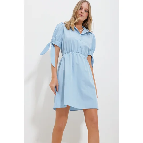 Trend Alaçatı Stili Women's Blue Shirt Collar Watermelon Sleeve Poplin Dress