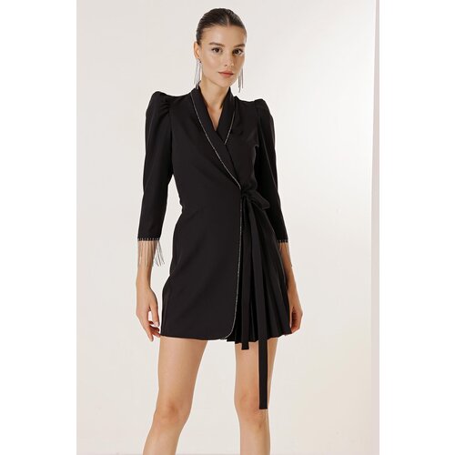 By Saygı Padded Shoulders Half Lined One Side Pleated Sleeves Chain Detailed Dress Slike