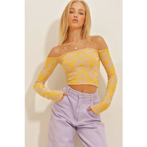 Trend Alaçatı Stili Women's Yellow Lilac Thread Straps Detailed Long Sleeve Patterned Crop Knitted Blouse