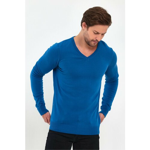 Lafaba Men's Blue V-Neck Basic Knitwear Sweater Cene