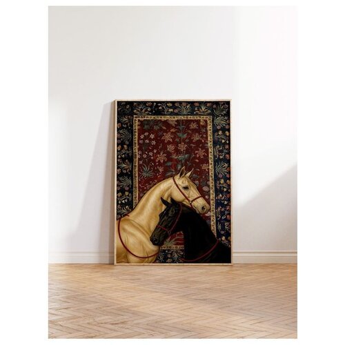 Wallxpert uramljena slika 115197, beli i crni konj ispred bordo orijentalnog ćilima, 50 x 70 cm, ram u boji prirodnog drveta Cene