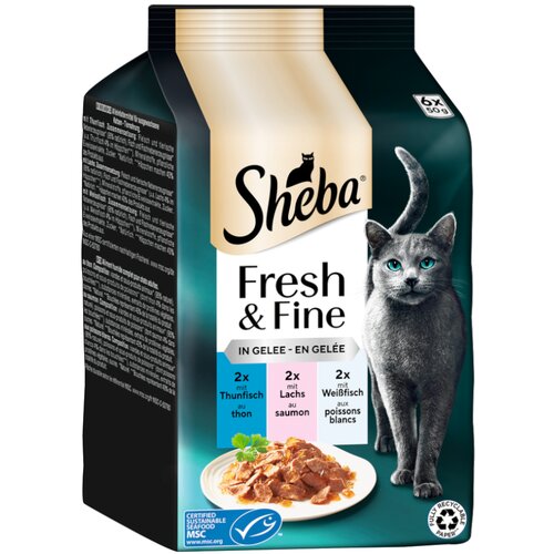  Ekonomično pakiranje Sheba Fresh & Fine 72 x 50 g - Tuna, losos i bijela riba u želeu Cijene