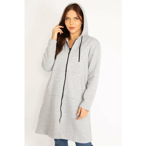 Şans Women's Plus Size Gray Inner Raised Fleece Fabric Front Zippered Kangaroo Pocket Hooded Coat