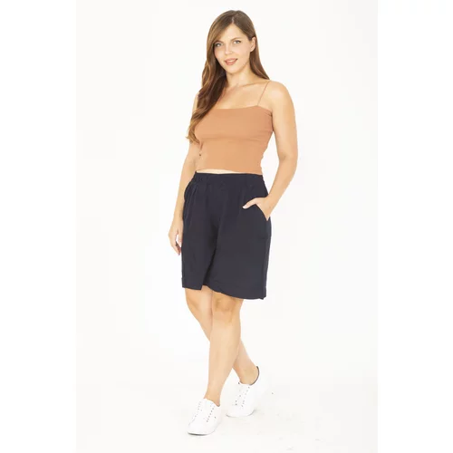 Şans Women's Large Size Navy Blue Woven Viscose Fabric Elastic Waist Shorts