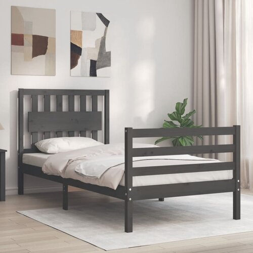 VidaXL Posteljni okvir z vzglavjem siv 90x200 cm trden les Slike