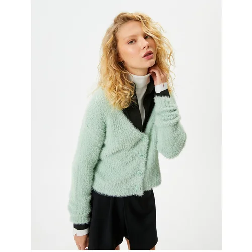 Koton Plush Knitwear Crop Cardigan Long Sleeve Buttoned V-Neck