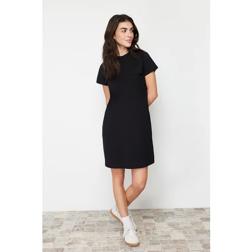 Trendyol Black 100% Cotton Pocket Detailed Crew Neck Short Sleeve Knitted T-shirt Dress