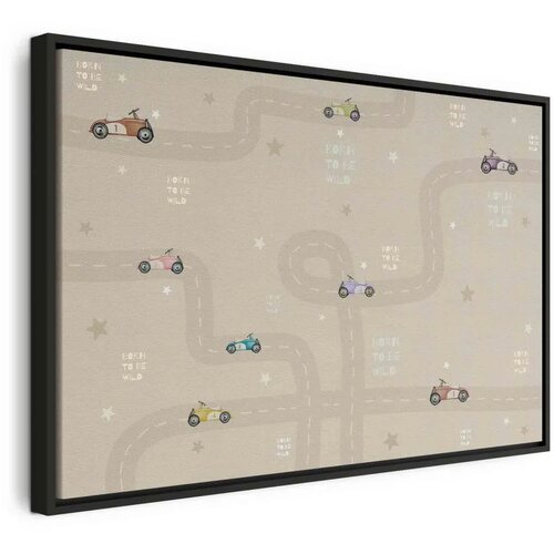  Slika - Race - Colorful Cars on a Road on a Beige Background with Inscriptions 60x40 U crnom drvenom okviru Cene