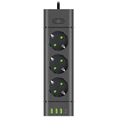 Prosto produžni kabl sa 3 utičnice, USB i USB-C priključcima, crni Slike