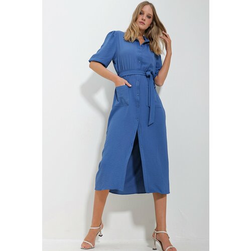 Trend Alaçatı Stili Women's Blue Double Pocket Watermelon Sleeve Aerobin Shirt Dress Slike