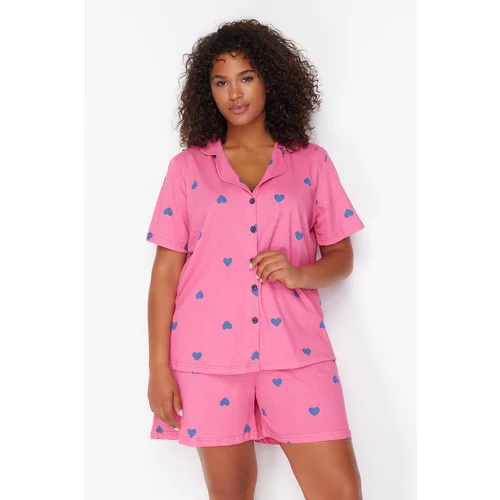 Trendyol Curve Pink Heart Patterned Knitted Pajama Set