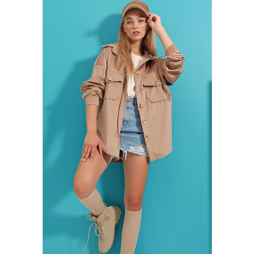 Trend Alaçatı Stili Women's Stone Velvet Cotton Double Pocket Oversize Jacket Shirt Cene